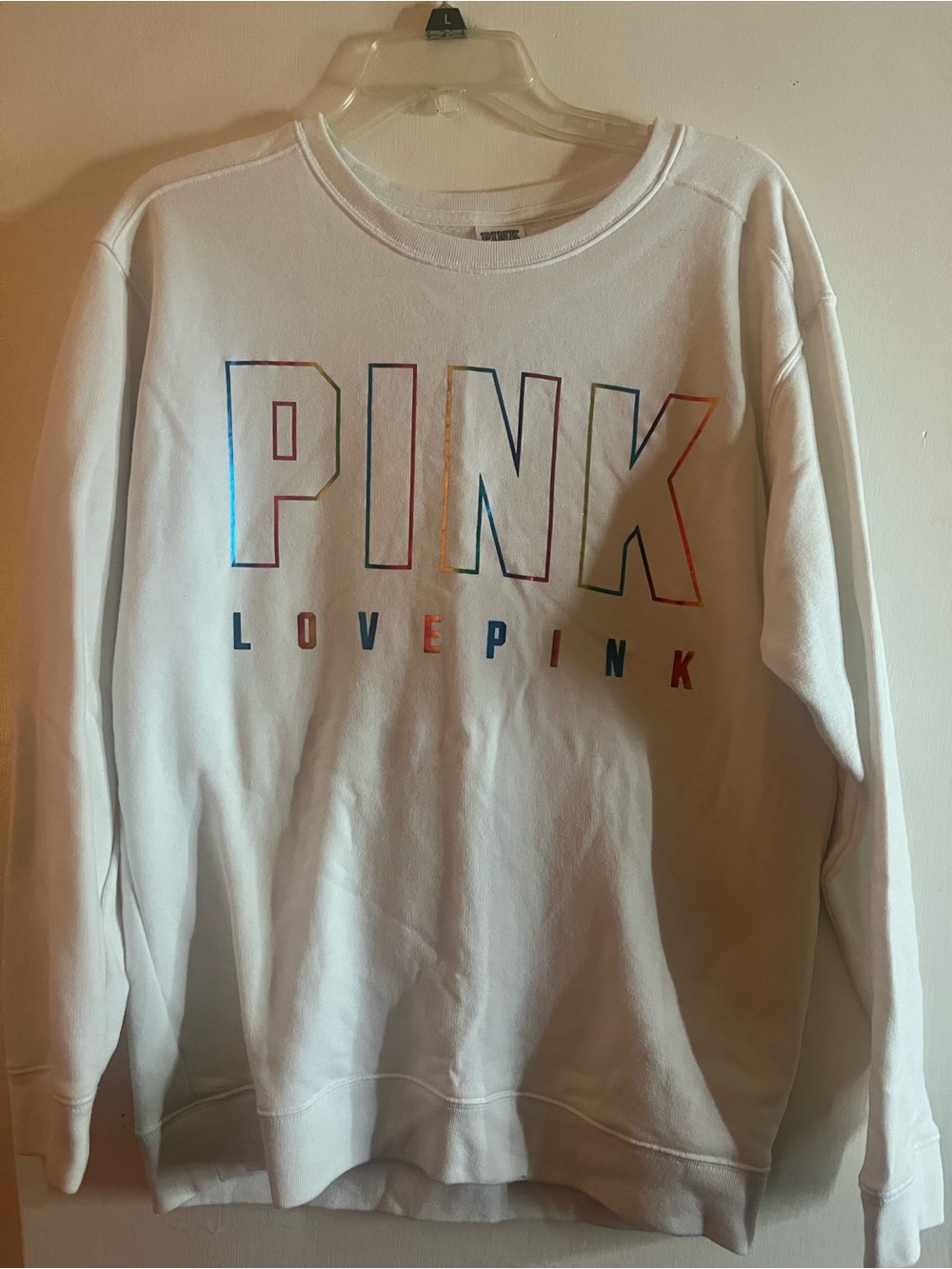 Victoria's Secret PINK White Sweatshirt with Multicolor Stripe Accents